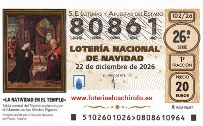 Anverso del d&eacute;cimo 80861 de la Loter&iacute;a de Navidad 2026, de Gij&oacute;n (Asturias)